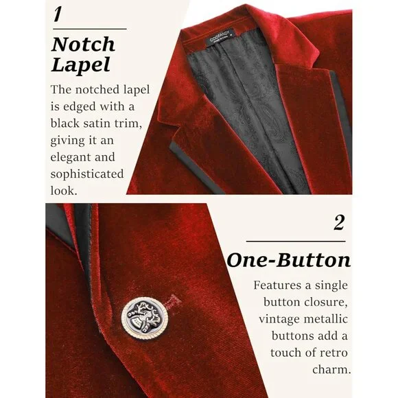 Men's Velvet Blazer Notched Lapel One Button Velour Tuxedo Jacket for Wedding